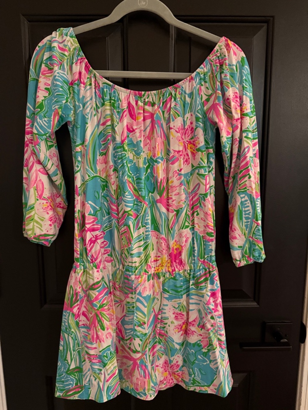 Lilly Pulitzer Pink Turquoise Green Floral Off-Shoulder Mini Dress